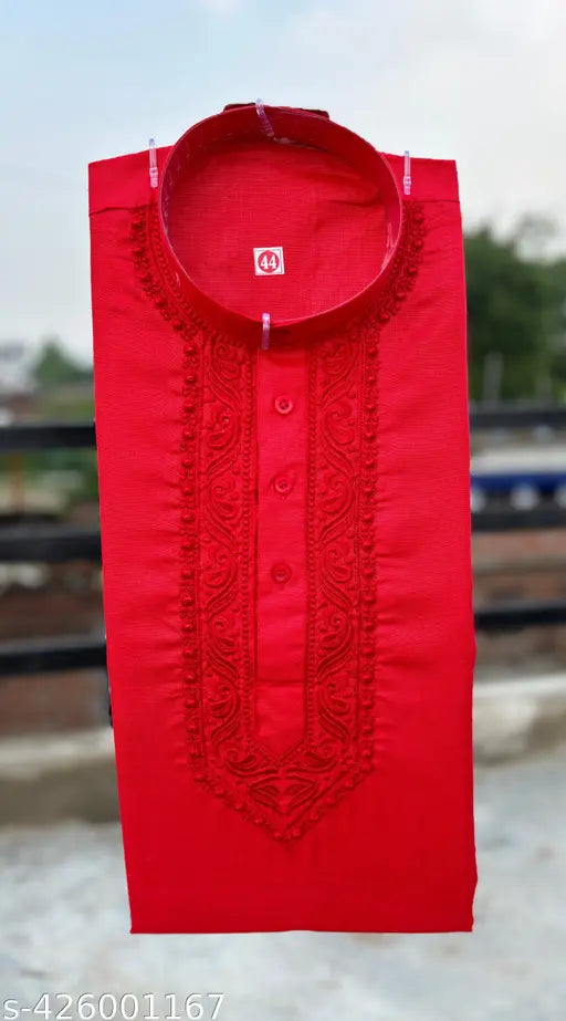 Premium Cotton Embroidered Kurta for Men (Red)
